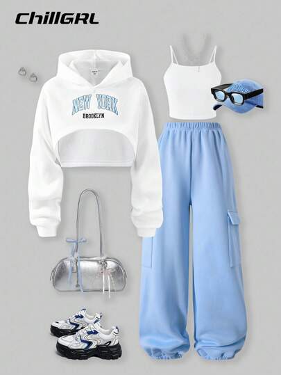 SHEIN Explorewe Bộ 3 áo nỉ lót nhiệt thường ngày cho bé gái tuổi teen, áo hai dây và quần túi hộp in chữ, thời trang thu đông