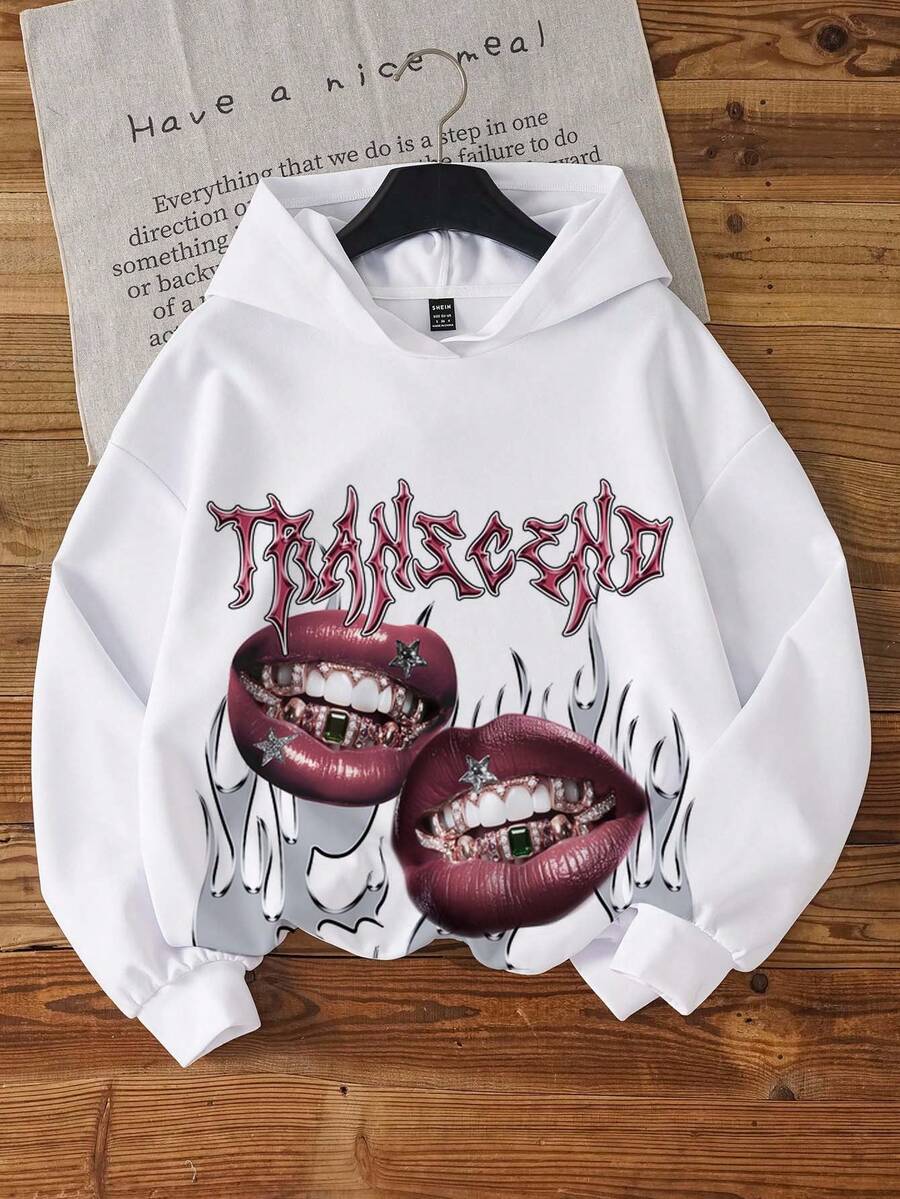 SHEIN EZwear Áo nỉ có mũ in chữ Grunge Lip Flame dành cho nữ, phù hợp cho mùa thu đông, phong cách đường phố, sân bay, Y2K - Nhiều màu - Xem 1