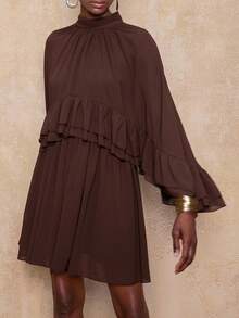 Lumalex VITNOS Váy ngắn dáng rộng màu cà phê thanh lịch, cổ đứng, viền bèo kép, thiết kế mới cho mùa thu, váy dạ hội gợi cảm cho nữ, váy dự tiệc cưới, váy trở lại trường, trang phục mùa thu - Cà phê - Xem 8