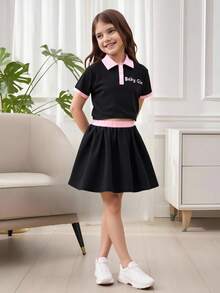 Tween Girl Summer Black & Pink Colorblock Shirt And Skirt Set - Black - View 3