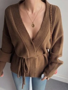 Livesso Áo khoác cardigan dệt kim rộng dáng rộng, buộc chéo vai màu trơn dành cho nữ mùa thu/đông - Cà phê nâu - Xem 7
