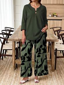 EMERY ROSE Conjunto de 2 piezas para mujer talla grande - Top casual y pantalones anchos con estampado floral vintage