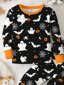 SHEIN Baby Boy Casual Minimalist Halloween Pumpkin & Ghost Cute Cartoon Snug Fit Round Neck Comfortable Long Sleeve Pants Homewear, Suitable For Autumn/Winter,Thermal Lined Fall - Multicolor - View 4