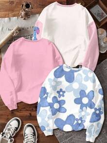 Tween Girl Kawaii Cartoon Blue Rabbit Lulu & Stitch Pattern, Blue Ombre Floral, Cream White & Cream Pink, Casual Loose Fit Crew Neck Comfortable Long Sleeve Sweatshirt, Suitable For Autumn/Winter, Vacay Vibes, Sunny Journey, Casual Spring, Summer Getaway, Cute Y2K Coconut Boho Vacation Springbreak, Brunch-Ready Baby Blue Trip, Neon Beach Vibes, Bohemian Hippie Music Festival - Multicolor - View 2