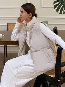 DAZY 女士纯色拉链前开襟休闲保暖背心，冬季女式外套 - 米色 - 查看 2