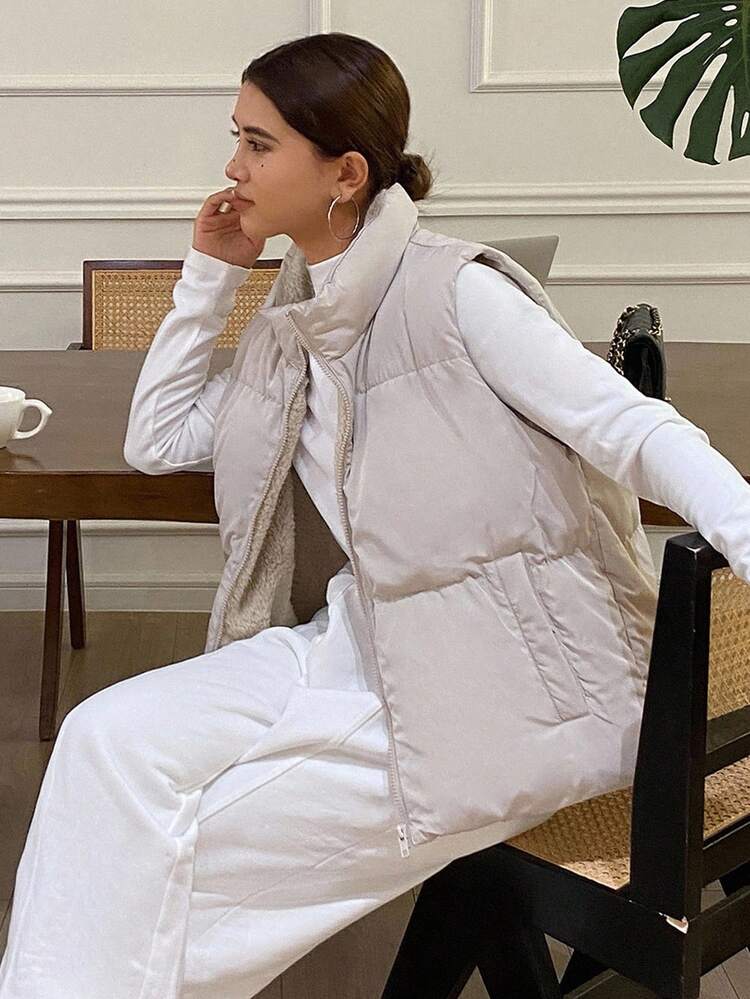 Women's Solid Color Zipper Front Casual Thermal Lined Vest, Winter Jacket Women Coats