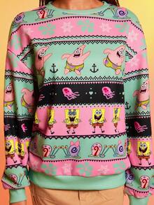 SpongeBob SquarePants | SHEIN Women's Casual Cartoon Pattern Color Block Crew Neck Long Sleeve Sweatshirt, Fall/Winter Pullover Outfit Christmas Cute Sweatershirt
