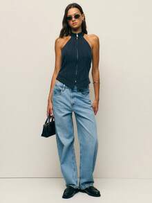 Nöista Women's Navy Blue Pinstripe Halter Corset Top,Chic High Neck Zip Front Tailored Seams Tank,Elegant Summer Work Clothing For Vacay Wedding Party - Dark Grey - View 5