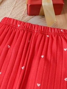 2 件套女童圣诞红色毛绒简约英式刺绣长袖上衣和裤子睡衣套装 - 紅色 - 查看 5