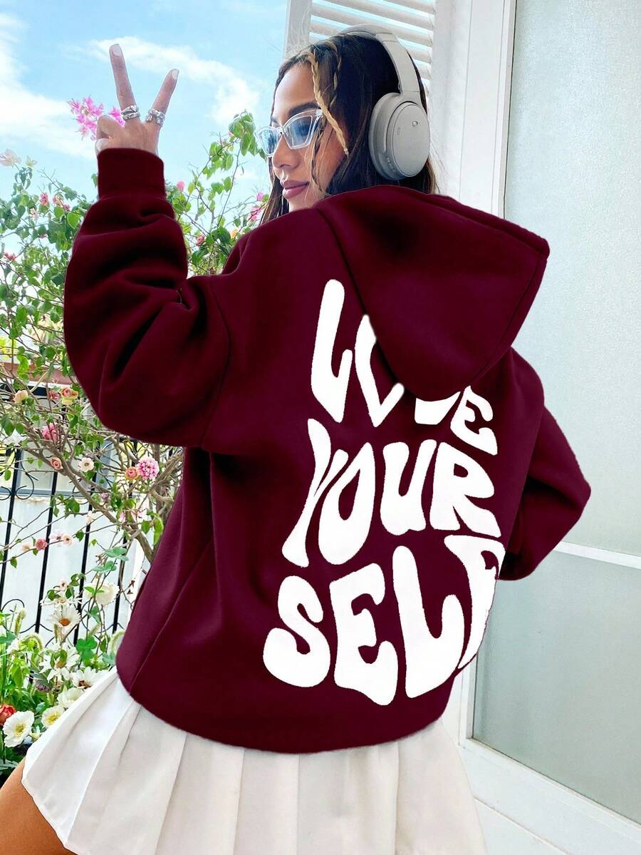SHEIN Unity Love Yourself Distorted English Graphic Oversized Drop Shoulder Long Hoodie Sweatshirt - Burgundy - View 1