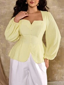 Flirla 女士优雅正式办公室通勤休闲度假下午茶复古教师中东风格纯色中式领纽扣装饰腰部 A 字开叉灯笼袖长袖淡黄色衬衫 - 黃色 - 查看 3