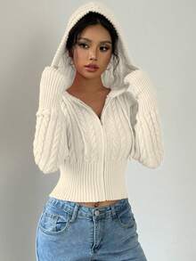 Flirla 女式秋季麻花图案长袖拉链休闲连帽开衫 - 杏色 - 查看 3