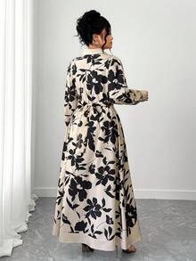 Elenzga Plus Size Women Long Sleeve Shirt Collar Dress - Multicolor - View 2