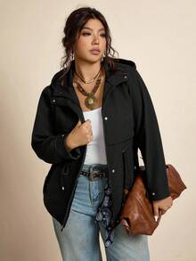 SHEIN LUNE 加大码军绿色抽绳腰部防水保暖夹克，带口袋和兜帽，带口袋，冬季运动时尚，秋季女装，女式防水夹克，轻便夹克，女式雨衣，女式连帽雨衣，女式风衣夹克 - 黑色 - 查看 6