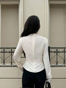 Siren Gaze Elegant Stand Collar Pleated Long Sleeve Blouse Winter - Apricot - View 2