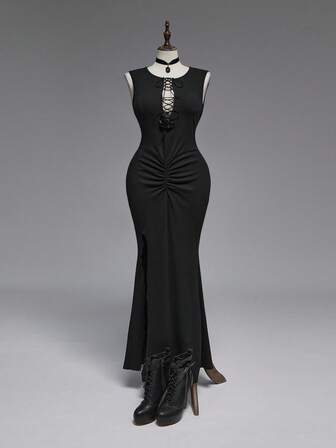 Goth Vestido formal negro de talla grande para mujer con detalles de corbata, acanalado, con abertura y cola de pez, para fiesta gótica oscura de Halloween