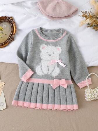 Souflis Souflis Vestido de línea A con cuello redondo, decoración de jacquard de punto texturizado con oso lindo para niñas bebés, con dobladillo plisado hecho a mano y acento de lazo, adecuado para salidas, viajes y uso diario cómodo