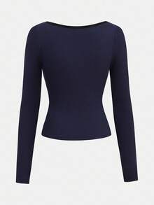 Girlism Teen Girls Navy Blue Ribbed Long Sleeve Mock Neck Contrast Trim Button Design Tight Fit Turtleneck Top And Wide Leg Pleated Pants Casual Street Chic Two Pieces Set Fall Winter