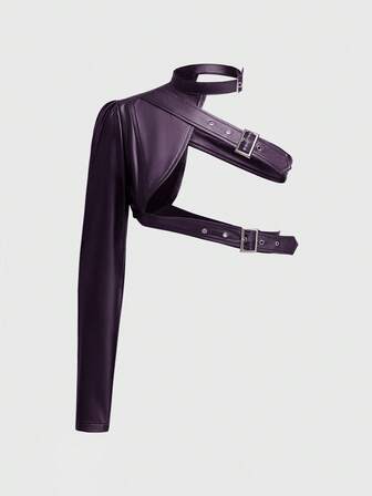 Grunge Punk Verstellbare Jacke mit einem Schulterträger, sexy asymmetrisches Design, Langarm, einfarbige Lederjacke für Frauen