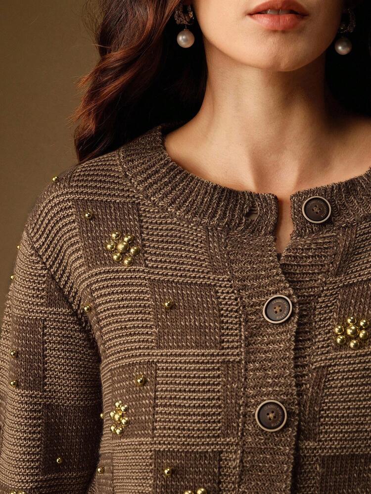 Square Jacquard Beaded Knit Cardigan, Suitable For Fall, Winter, Spring, New Year, Party, Wedding, Elegant, Chic, Stylish, Christmas, Business Casual For Women