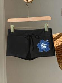 Comfortcana Quần short ôm vừa vặn có dây rút họa tiết in applique màu xanh tối giản giản dị - màu đen - Xem 5