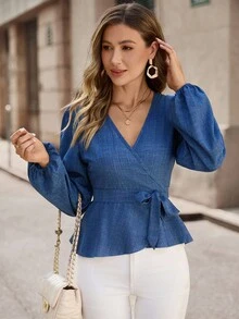 EMERY ROSE Camisa envolvente con mangas linterna de otoño elegante con lazo - Azul - Ver 4