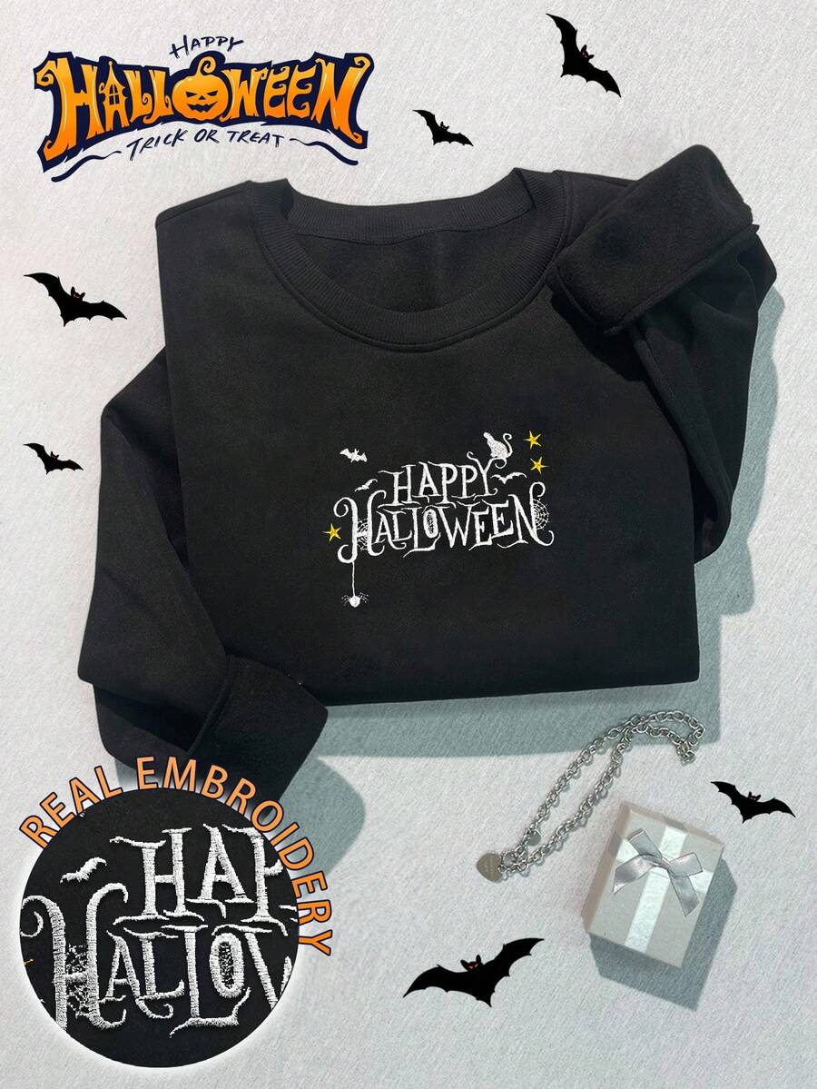 INAWLY Sweatshirt Streetwear Motif Bordir Huruf Ukuran Besar Longgar untuk Wanita, Ukuran Besar untuk Musim Dingin, Gugur, dan Musim Semi - Hitam - View 1