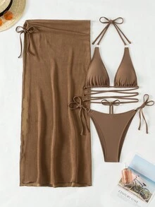Swim Basics Summer Beach Solid Color V-Neck Halter Bra & Swim Bottom & Beach Cover Up Skirt Bikini Set Bathing Suit - Coffee Brown - View 3