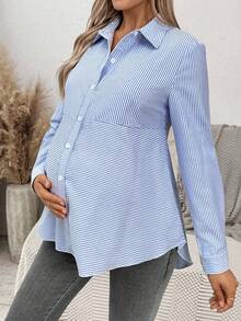 SHEIN 秋装，秋季服装，孕妇装秋冬装孕妇条纹长袖单排扣休闲百搭衬衫棉质孕妇衬衫 - 藍色 - 查看 8