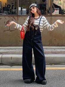 DAZY 女式不对称下摆设计休闲牛仔背带裤工装裤 - 深色水洗藍 - 查看 5