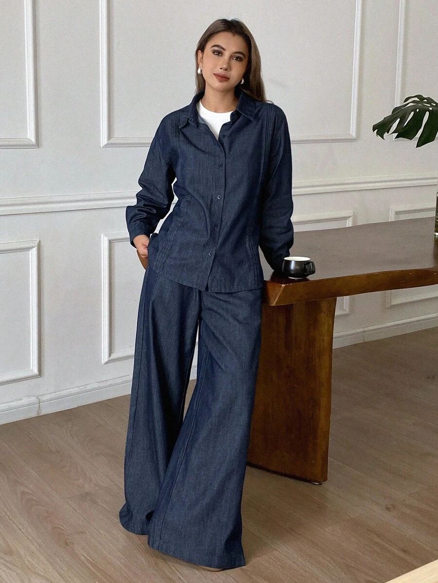 DAZY Women's Waist Cinched Back Tie Loose Denim Shirt And Wide Leg Jeans Casual Denim Suit - Dark Wash - View 1