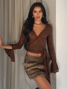 Glamine Áo cánh ren khoét sâu tay loe cổ chữ V gợi cảm màu trắng cho nữ - màu nâu - Xem 6