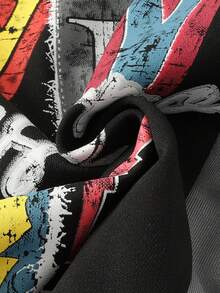 ROMWE MEN Street Life Men's Patchwork Contrast Color Print 2 In 1 T-Shirt, For Fall - Black - View 4