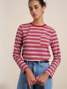 Airaco Áo thun nữ cổ tròn tay dài có túi thường ngày họa tiết sọc - Đỏ - Xem 7