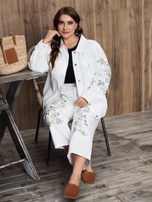 EMERY ROSE Plus Size Women's Summer Casual Embroidered Denim Jacket - White - View 6