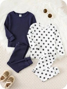 SHEIN 2 件套幼儿男孩/女孩纯色海军蓝星星印花圆领长袖 T 恤和裤子睡衣套装，修身款，经典舒适休闲基本款家居服，适合春、夏、秋、冬 - 藏蓝色 - 查看 3
