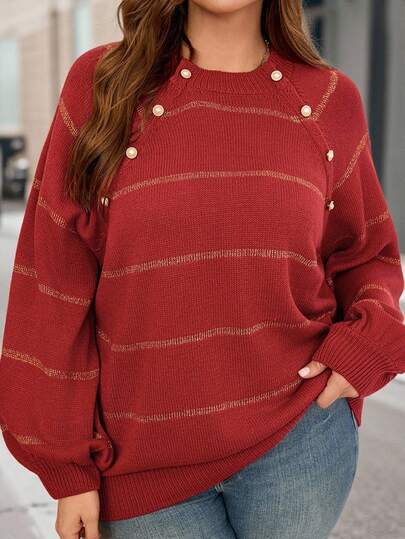 EMERY ROSE Plus Size Casual Colorblock Striped Sweater, Autumn/Winter, Casual Minimalist Style For Everyday Wear,Going Out, Suitable For Autumn And Winter Fall