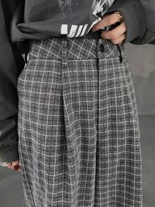 FRIFUL 女式灰色格子面料直筒百褶宽松休闲百搭长裤，秋季 - 黑色 - 查看 3