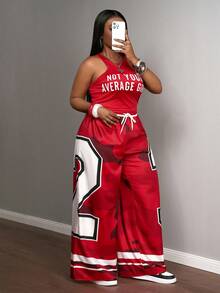 Slaydiva Women's 2 Pieces Outfit Red And White Summer Grunge Birthday Sports Style Round Neck I-Shaped Vest Slogan Letter Print Wide-Leg Pants Set - Red - View 12