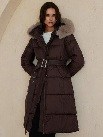 Aveloria Rosie High-Quality Padded Coat For Women, Long Length, Waist Cinched, Slim Fit, Detachable Fur Collar, Loose