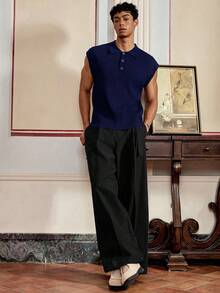 SWAVVY Áo ba lỗ tay ngắn dáng rộng thoải mái dệt kim cho nam, dành cho mùa thu đông - Màu xanh lam - Xem 5