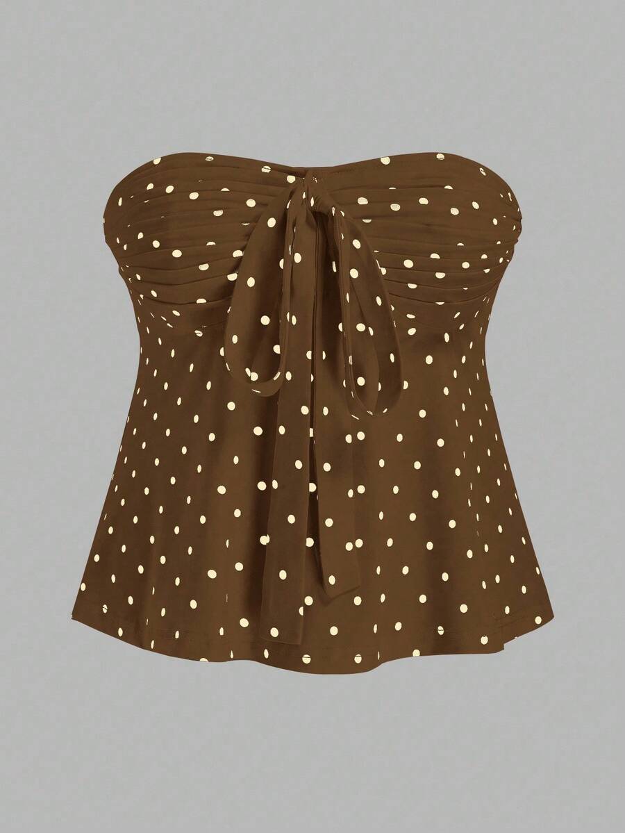 Sweetra 大码复古浪漫波尔卡圆点蝴蝶结抹胸上衣 - 棕色 - 查看 1