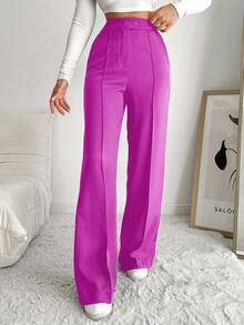 EURMUSE Women's Solid Color Seam Front Pocket Elegant Dress Pants - Red Violet - View 4