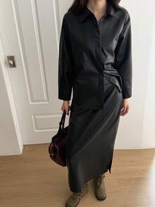 DAZY Conjunto de 2 piezas elegante de chaqueta de manga larga de un solo botonadura de unicolor y falda midi para mujer - Negro - Ver 1