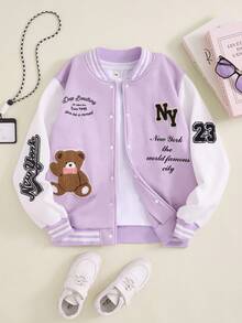 SHEIN Explorewe 1 件青少年女孩甜美浅紫色撞色袖熊补丁字母印花棒球夹克，常规厚度，休闲，秋季 - 紫色 - 查看 1