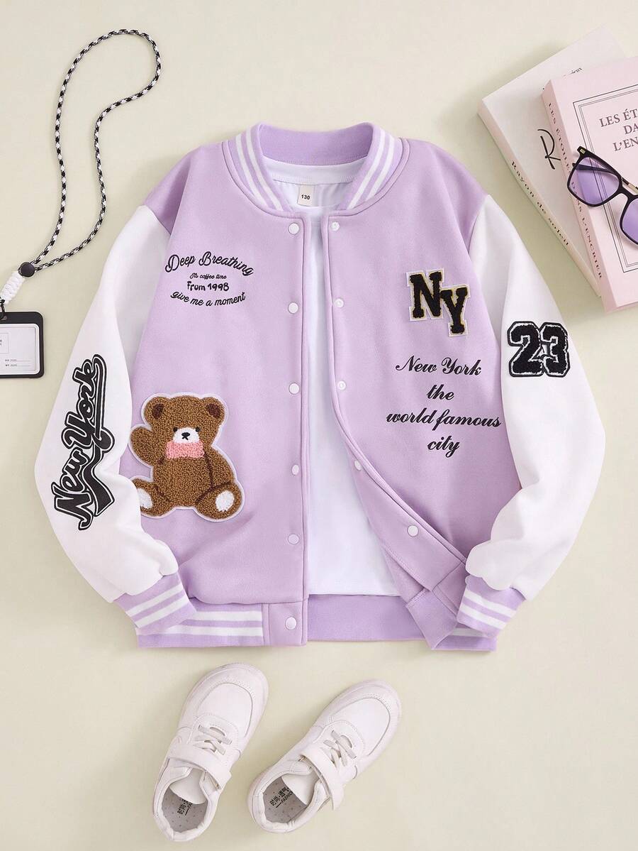 SHEIN Explorewe 1 件青少年女孩甜美浅紫色撞色袖熊补丁字母印花棒球夹克，常规厚度，休闲，秋季 - 紫色 - 查看 1