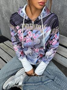SHEIN ICON Women's Vintage Floral & Animal Print Drawstring Hooded Sweatshirt In Fall/Winter - Multicolor - View 7