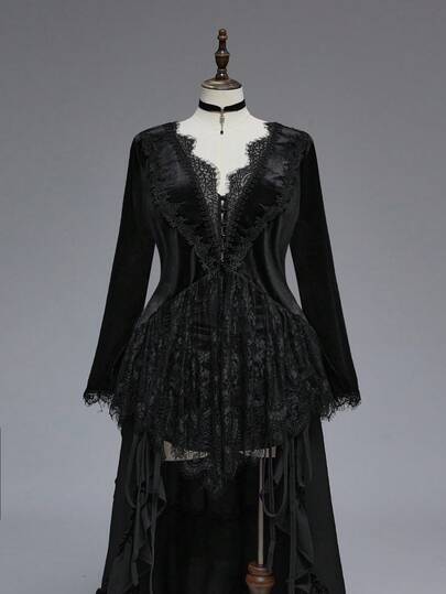 Goth Top femme en patchwork de dentelle gothique et velours