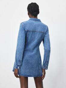 Maija 女式纯色休闲长袖牛仔连衣裙 - 中等水洗藍 - 查看 3