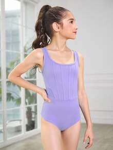 SHEIN Tween Girls' Simple Purple Bodysuit With Mesh Inset, Slim Fit For School, Professional Training, Ballet, Gymnastics, Dance Studio, Dancewear - Purple - View 3